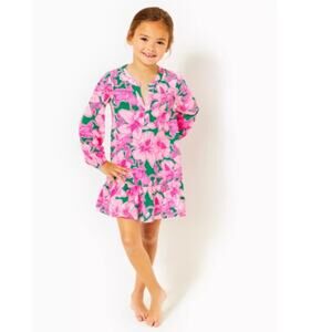 Lilly Pulitzer Girls Mini Alyssa Cotton Dress pink hibiscus floral Size L 8-10